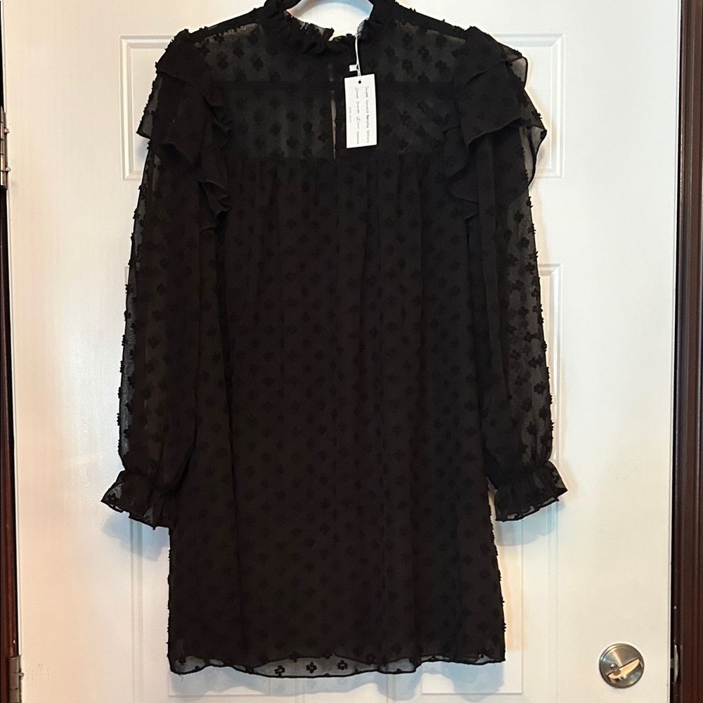 Simplee Ruffle Lace Sheer LS Dress Black XL NWT Lined Loose Relaxed Feminine